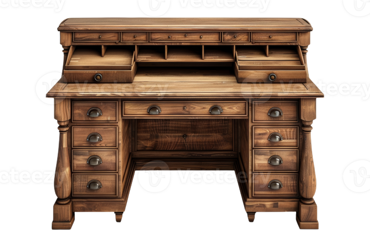 Classic Wooden Roll-Top Desk With Drawers png