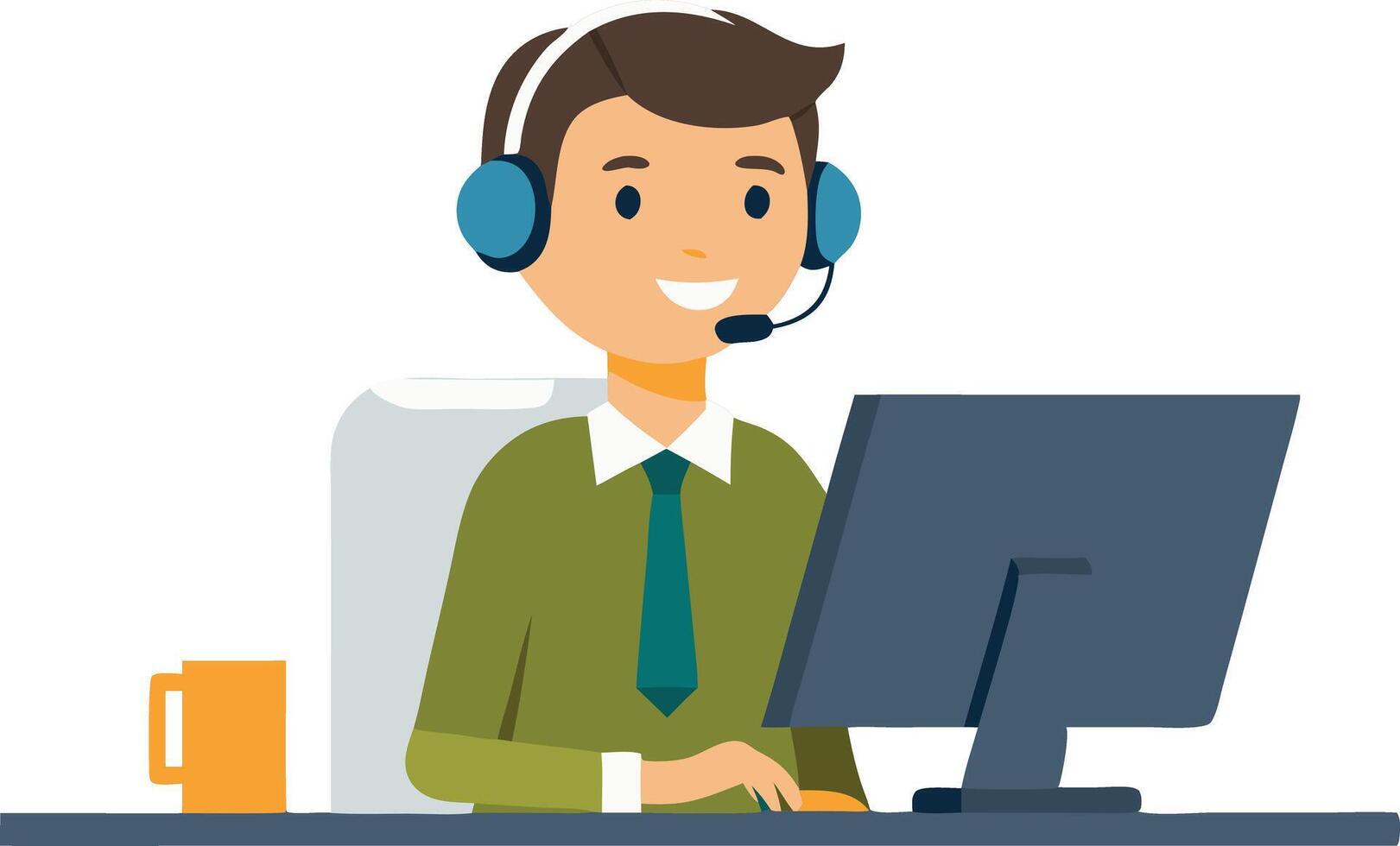 Smiling customer service representative with headset working at desk with computer vector