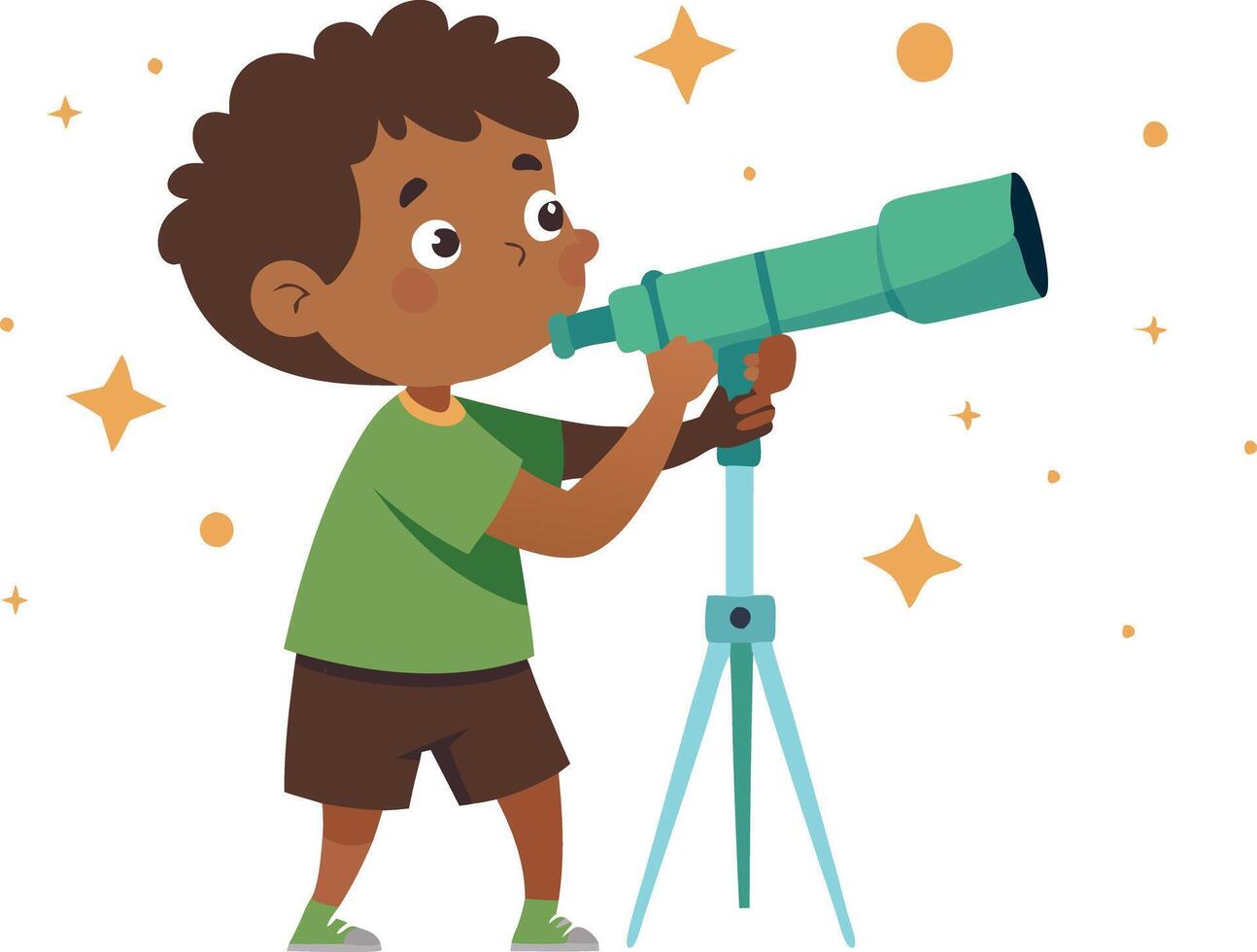 Boy looking through telescope, curious child illustration vector