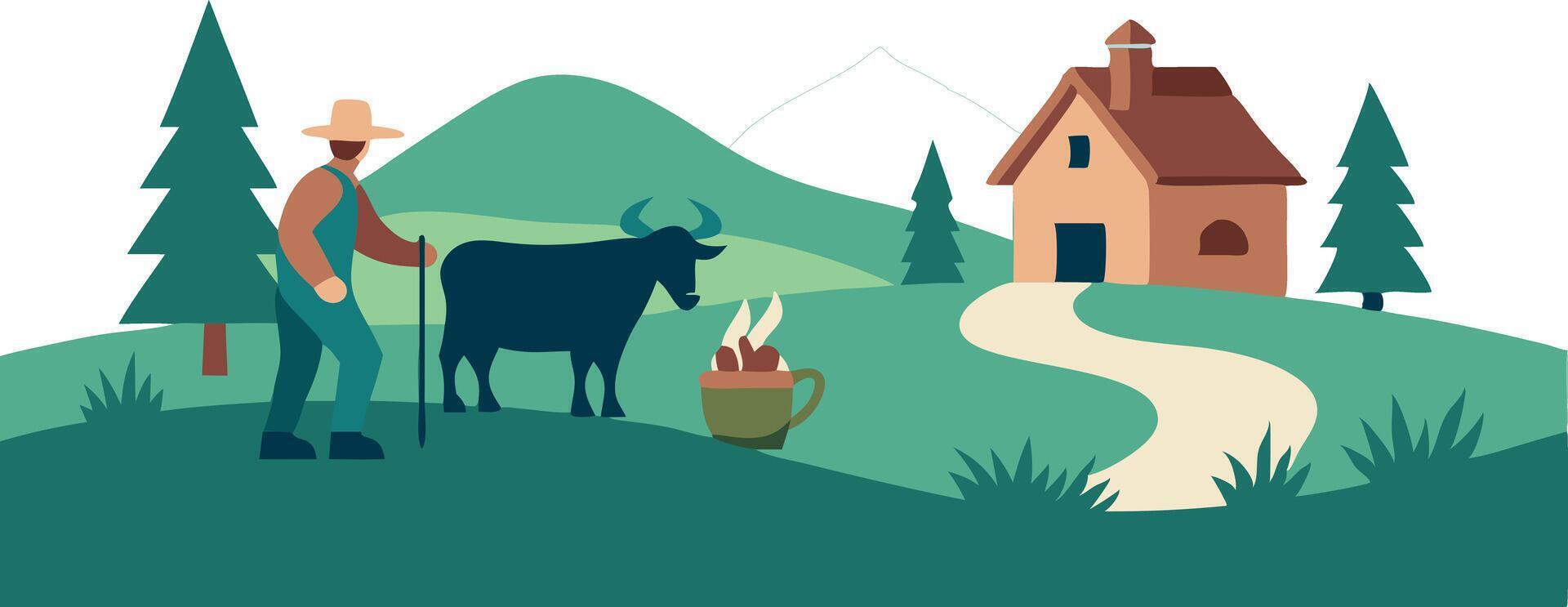 Farmer with bull in rural landscape with house, trees, and mountains vector