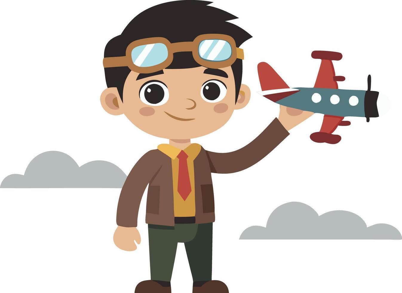 Cartoon boy with toy airplane dressed as pilot with clouds in the background vector