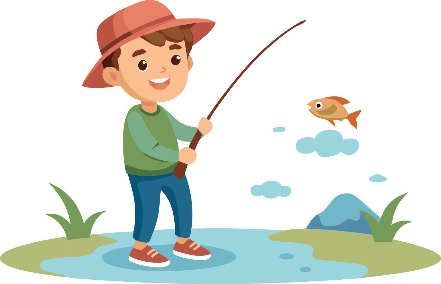 Happy boy fishing at a pond with a big smile on his face, catching a fish with a fishing rod vector