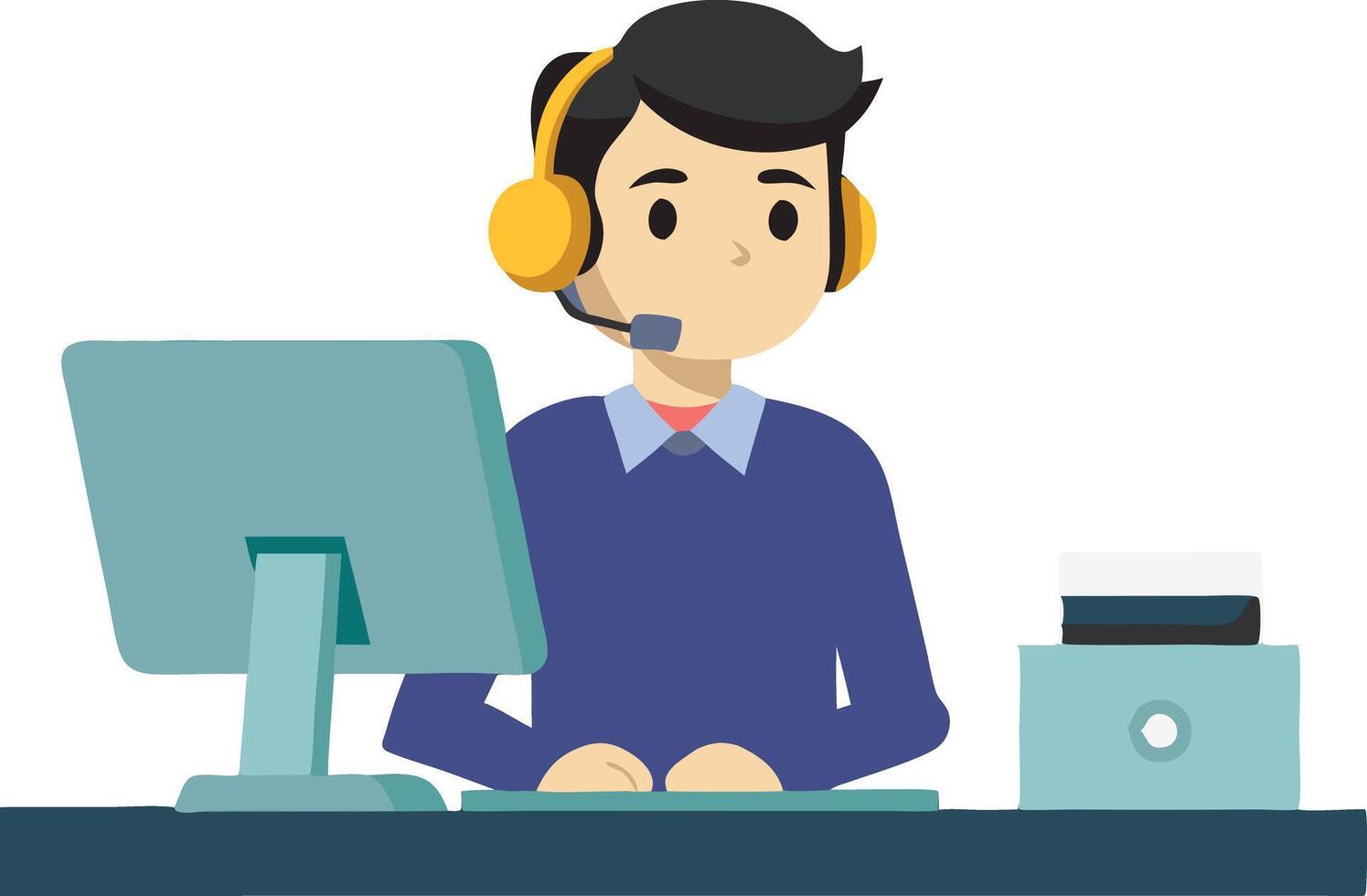 Customer service representative with headset working at desk, illustration vector
