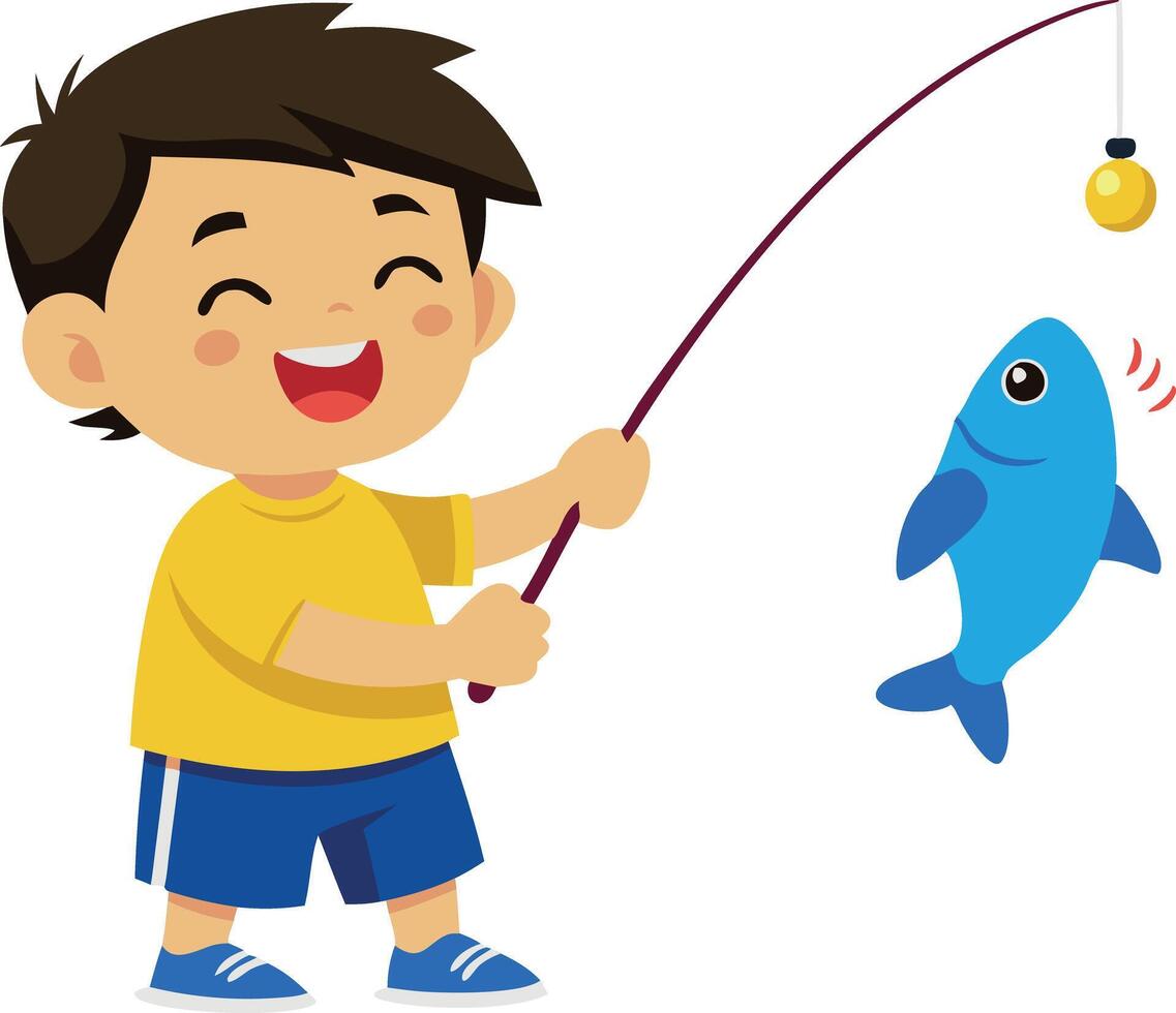 Cute cartoon boy catching a fish with a fishing rod, smiling while holding a freshly caught blue fish vector