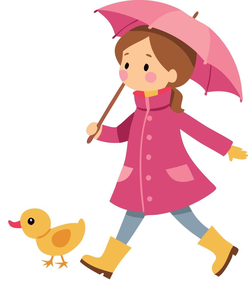 Illustration of a girl walking with an umbrella and a duck on a rainy day vector
