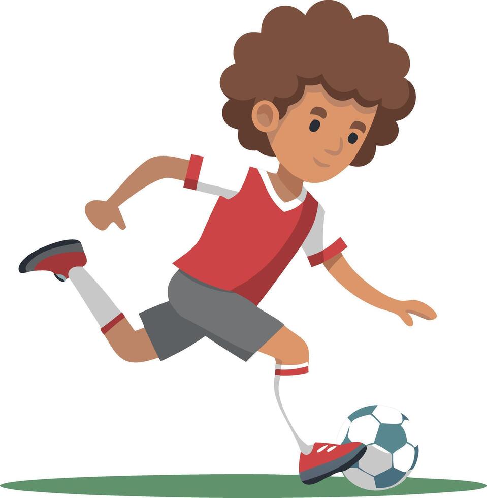 Young boy playing soccer on field with focus and determination illustration vector