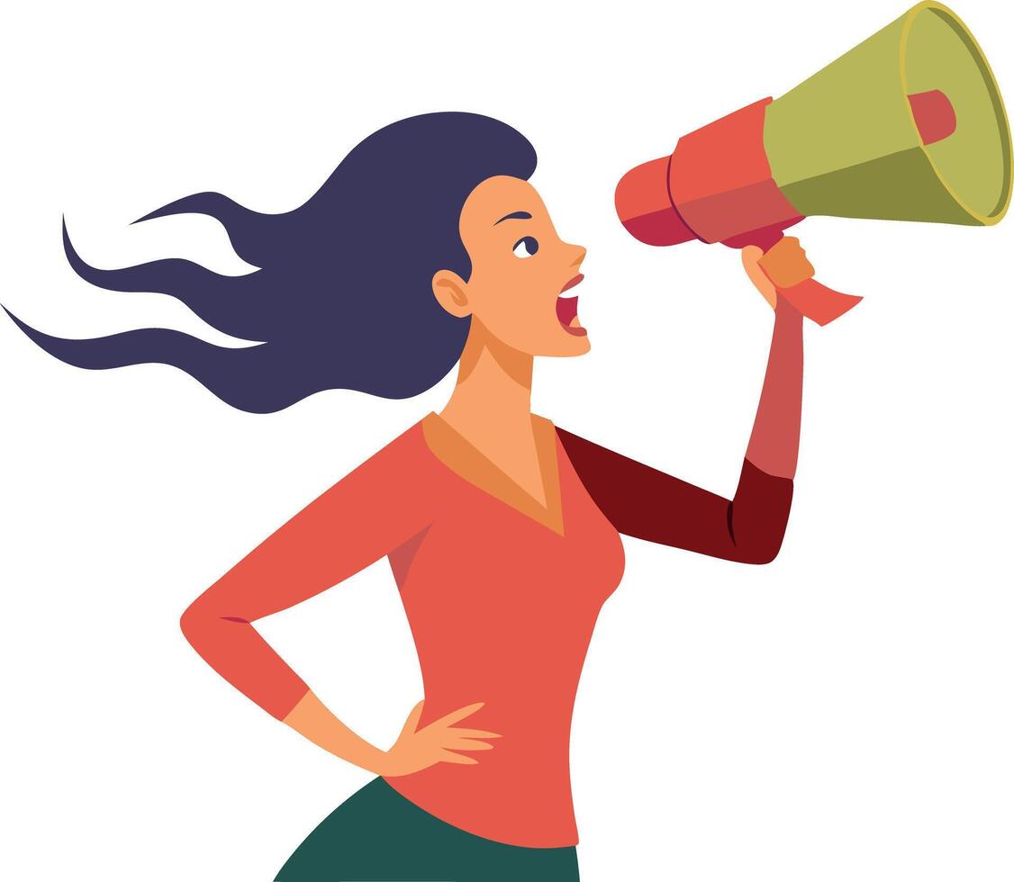 Illustration of a woman shouting through a megaphone with flowing hair on white background vector