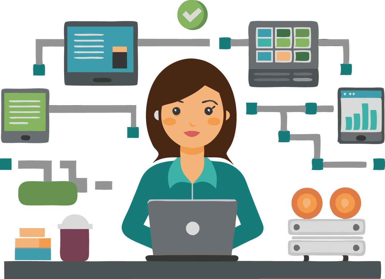 Businesswoman working on laptop with data analytics and project management illustrations vector