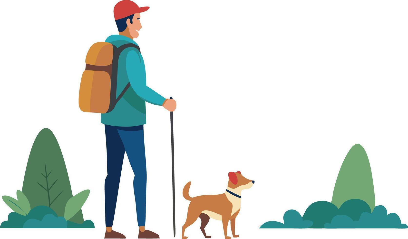 Illustration of a man hiking with his dog in nature, enjoying the outdoors vector