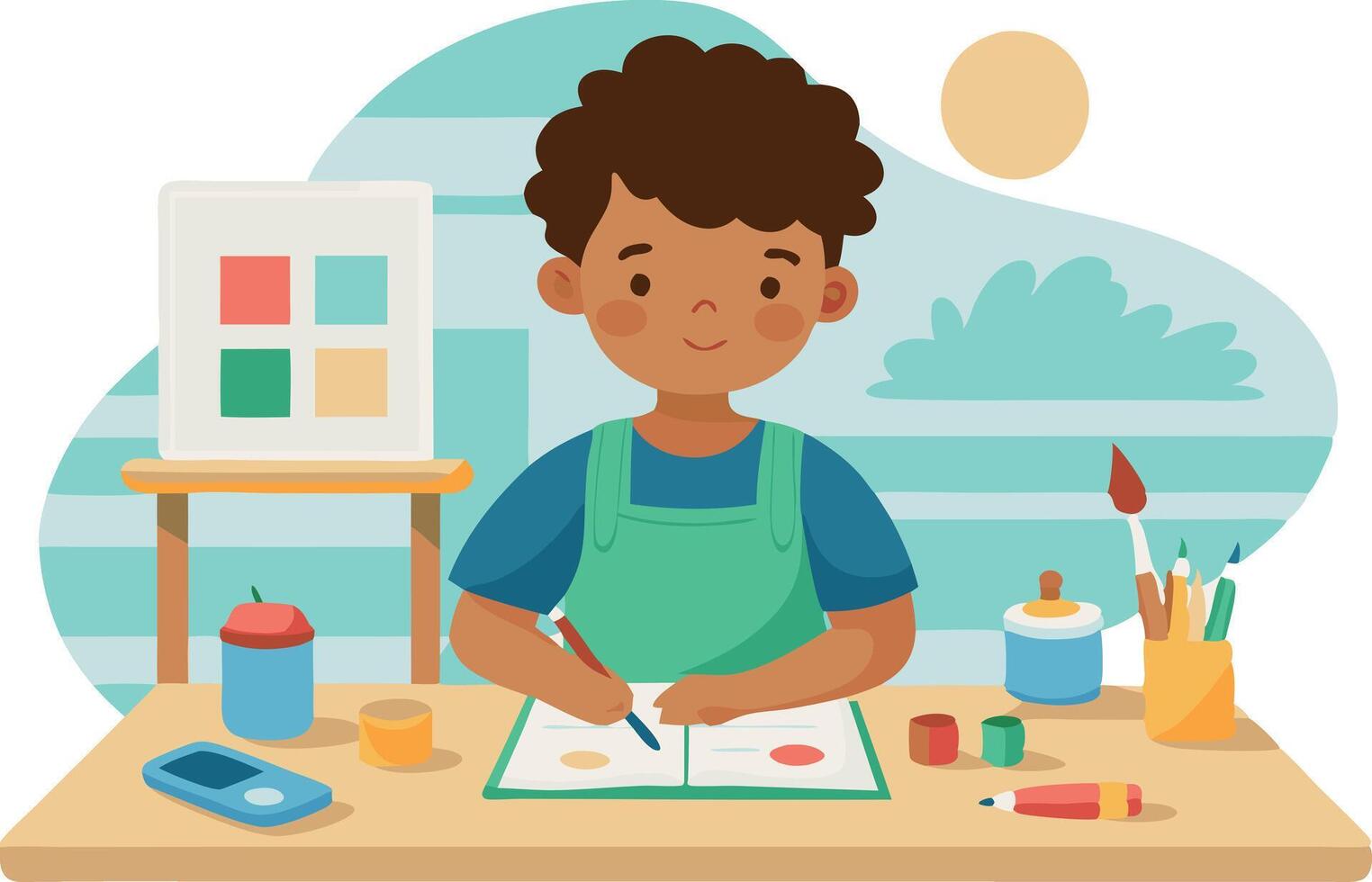 Young boy painting and drawing at home, creative activity for kids vector