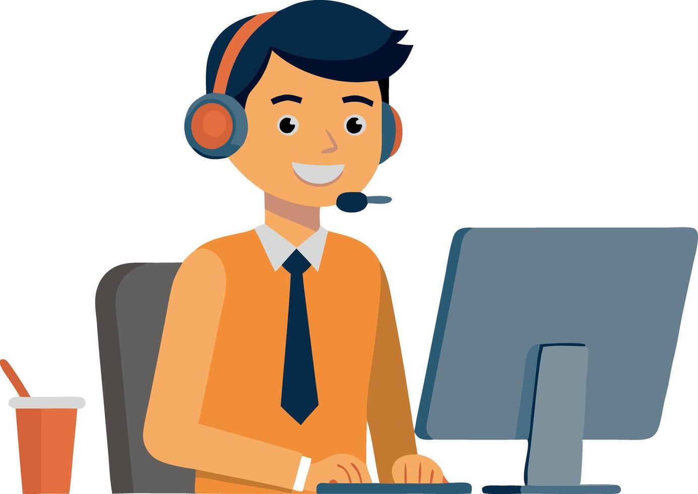 Smiling customer support representative working on computer with headset vector