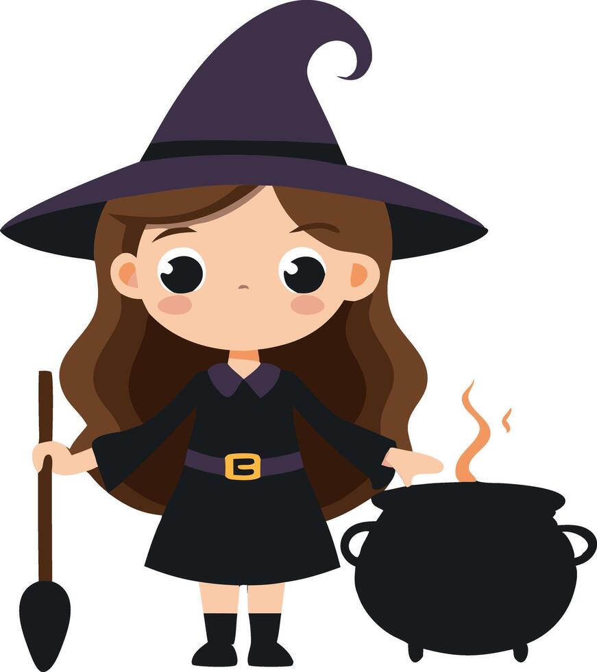 Cute cartoon witch with a cauldron and broomstick for Halloween vector
