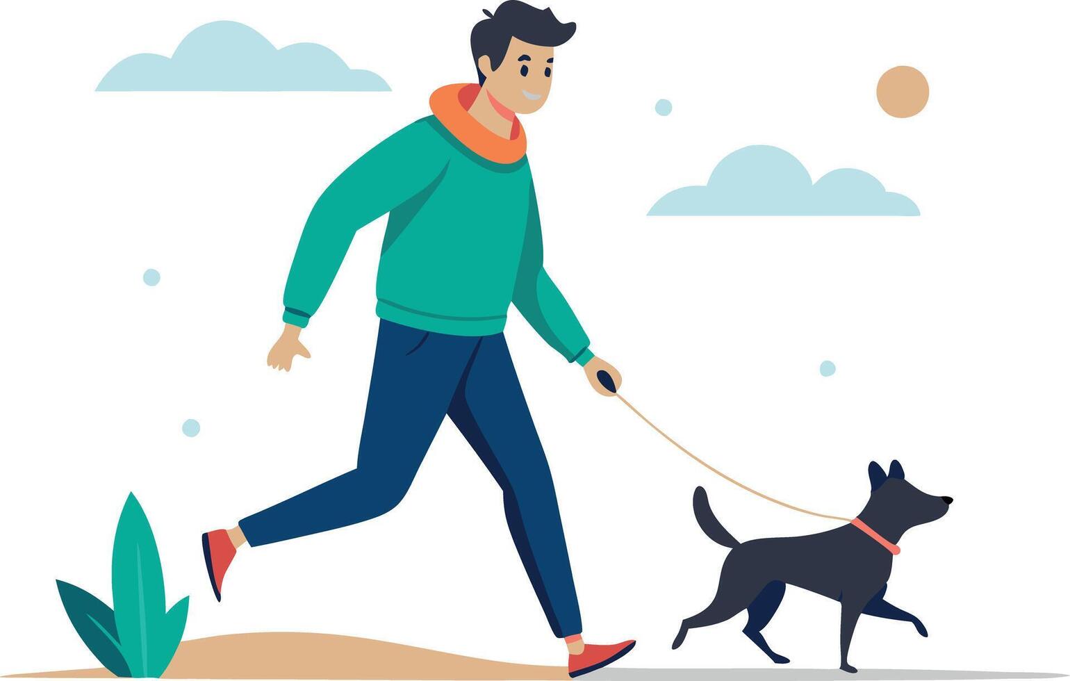 Illustration of a man walking his dog outdoors on a sunny day vector