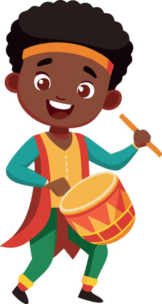 Happy boy playing drum in traditional costume, cheerful music, and cultural expression vector