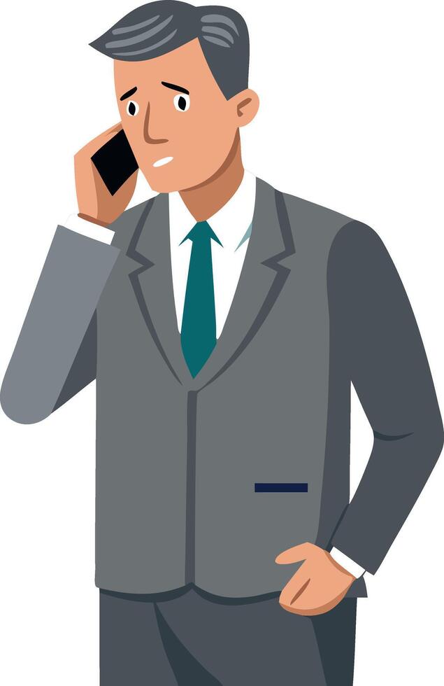 Businessman in a gray suit talking on a mobile phone, illustration of a professional in corporate attire vector