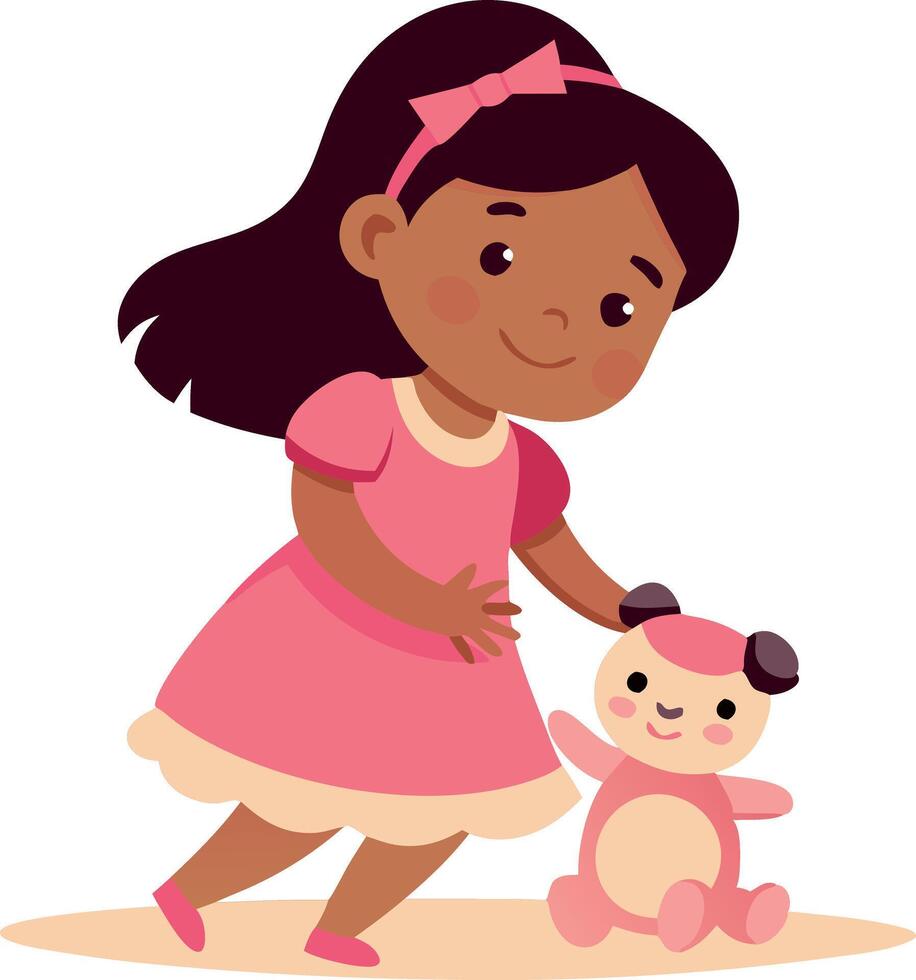 Girl in pink dress playing with a toy bear on the ground vector
