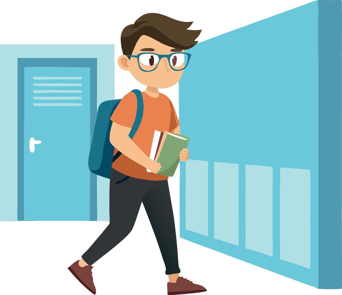 Illustration of a young student walking in school hallway with books and a backpack vector