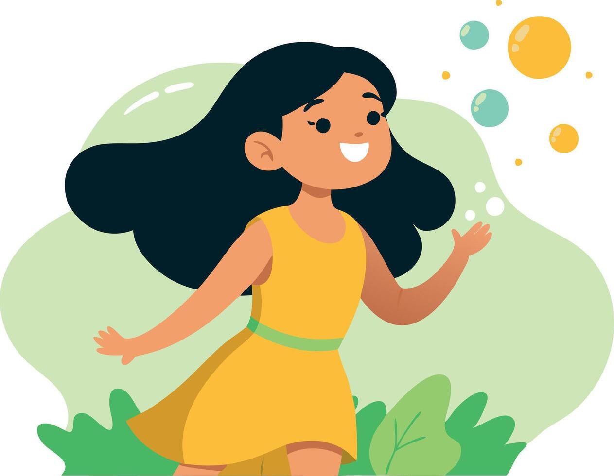 Happy girl playing with bubbles in a park illustration vector