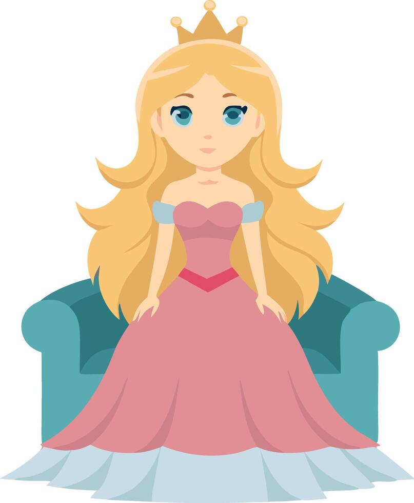 Illustration of a cute princess sitting on a royal chair wearing a pink gown and crown vector