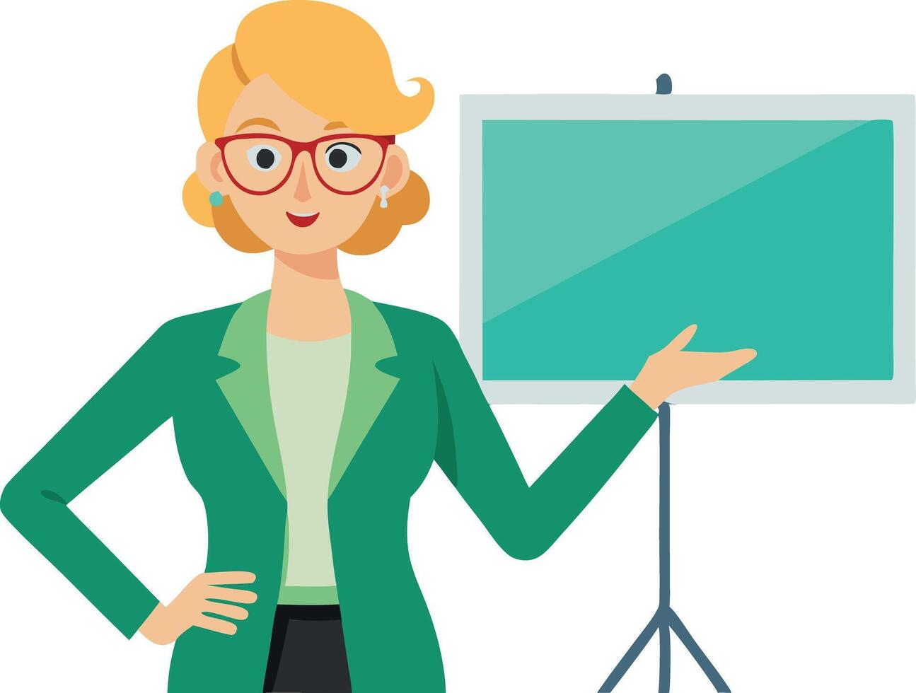 Businesswoman cartoon character presenting information with blank whiteboard vector