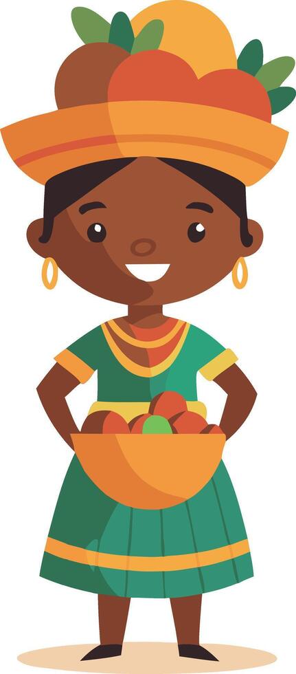 Smiling woman in traditional attire holding fruit bowl illustration vector