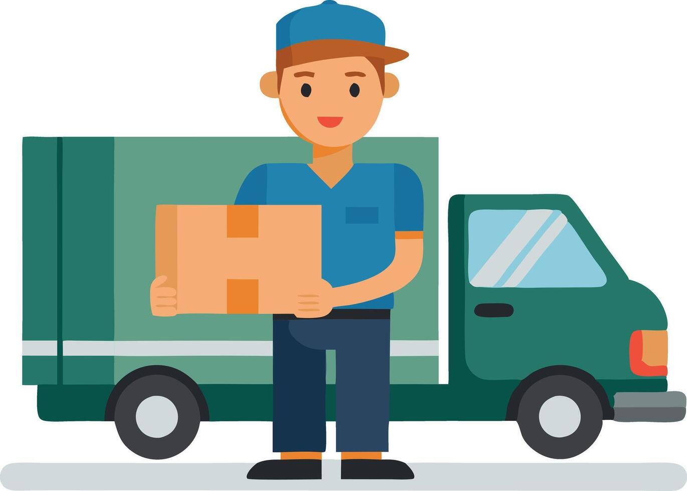 Delivery service worker holding a package in front of a green truck illustration vector