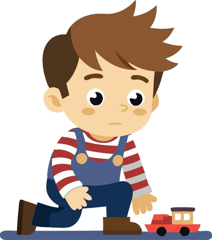 Sad young boy playing with toy train in isolation, childhood emotions, sadness vector