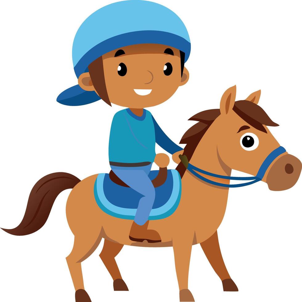 Happy child riding a brown pony wearing a blue helmet and outfit vector