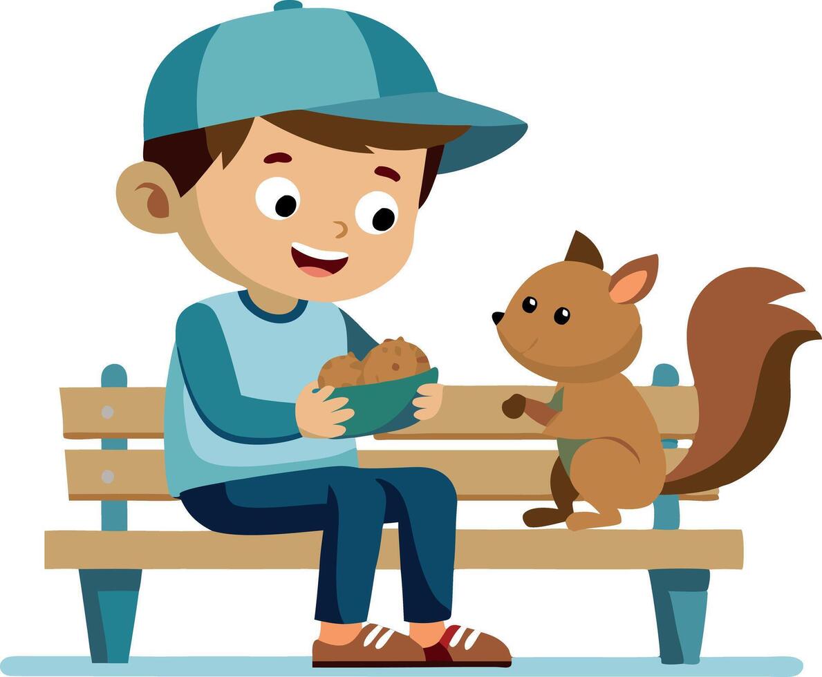 Illustration of a boy feeding a squirrel on a park bench vector