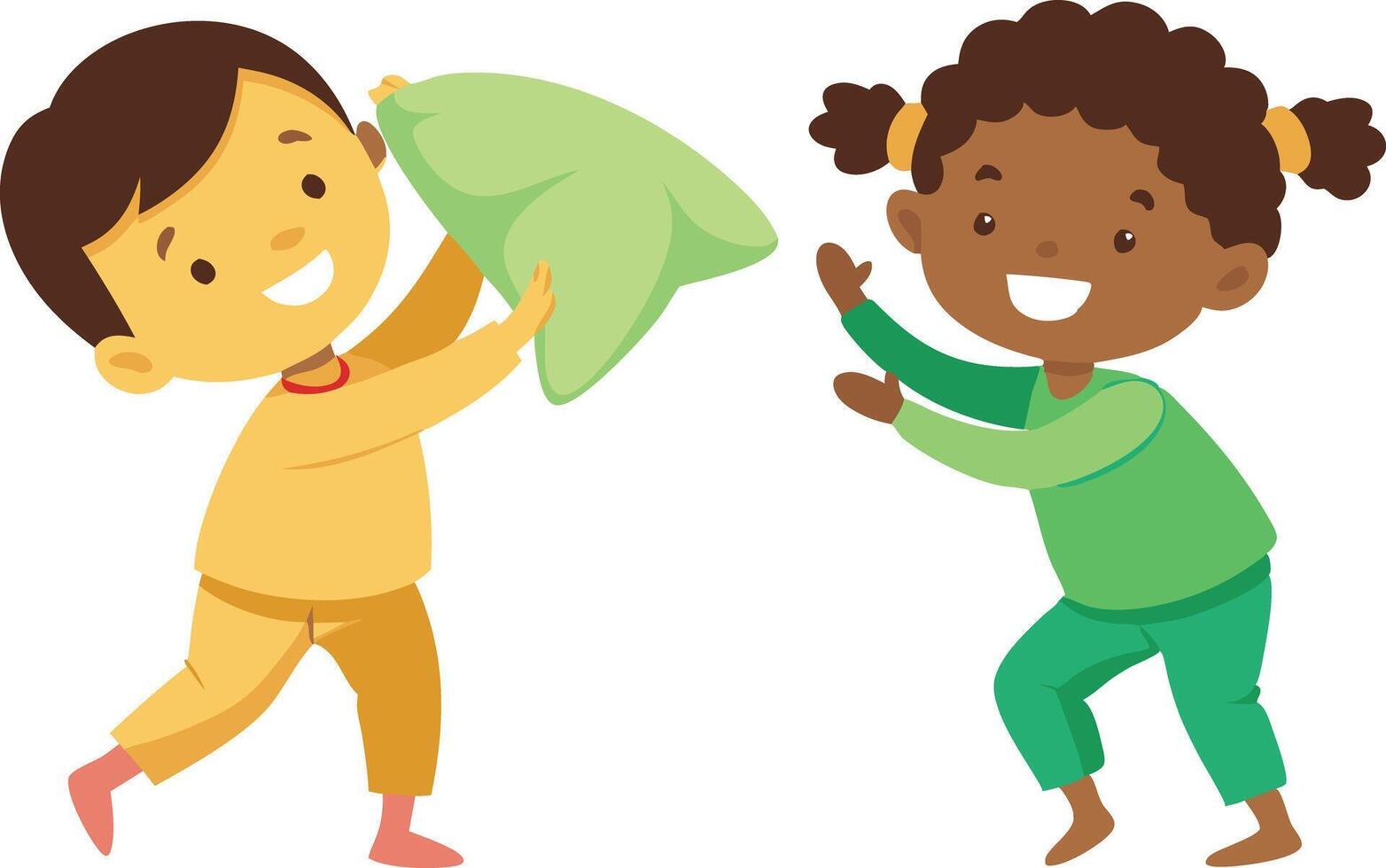 Two children are playing with a green pillow vector