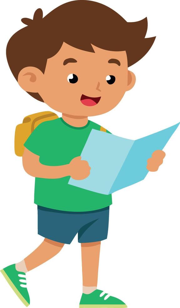 Boy with backpack and map, confidently exploring and navigating vector