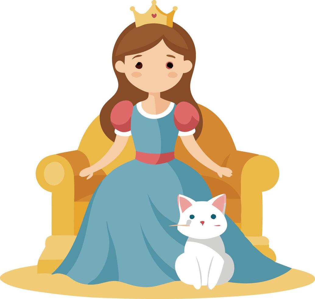 Illustration of a princess sitting on a throne with a cute white cat vector