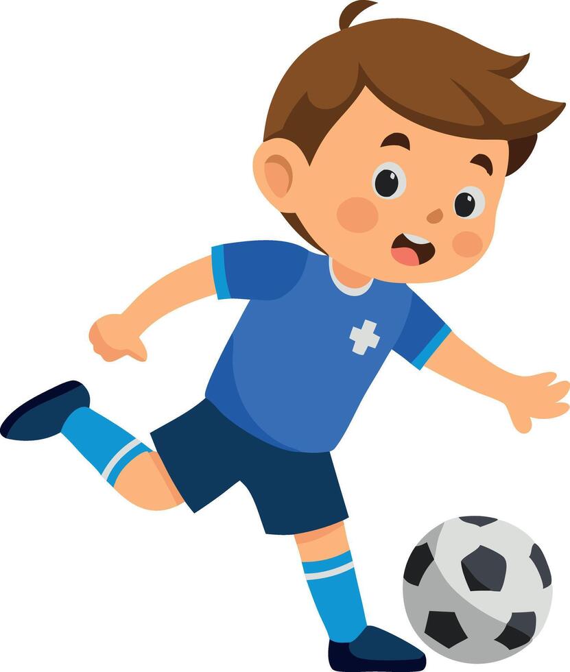 Boy in blue soccer uniform kicking a soccer ball with determination vector