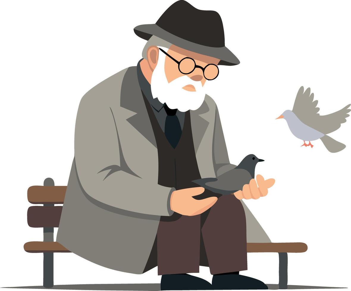 Elderly man feeding pigeons while sitting on a park bench, enjoying a peaceful moment vector