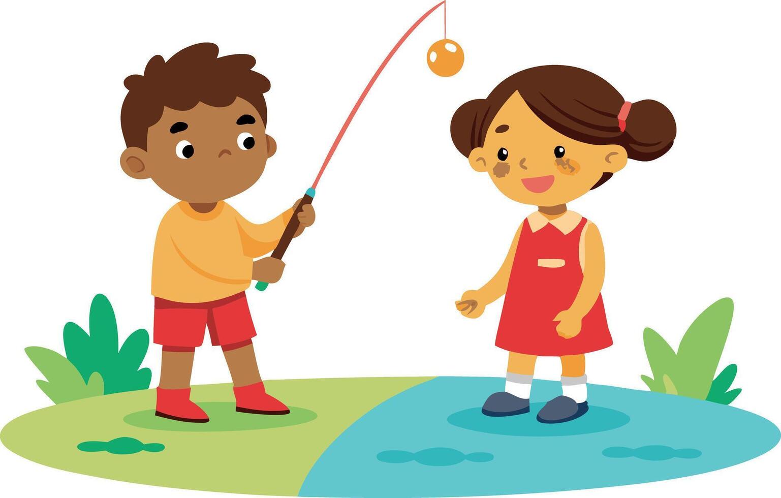 A boy and a girl are playing with a fishing pole and a ball vector