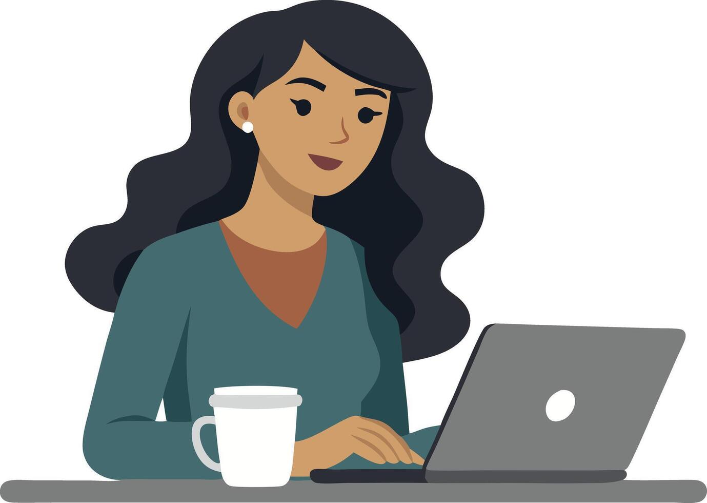 Woman working on a laptop with a coffee cup, focused and engaged in a pleasant environment vector