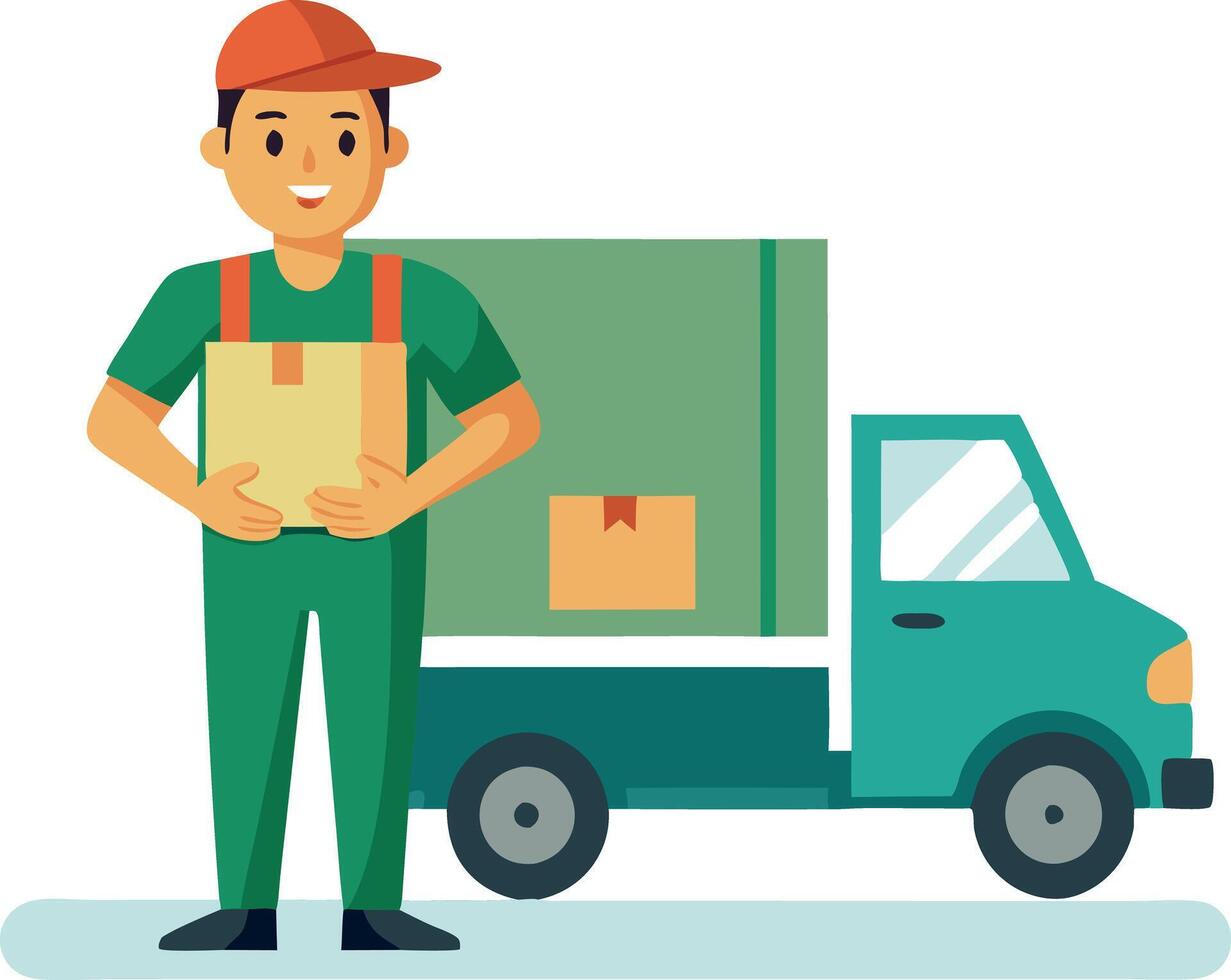 Smiling delivery man holding package with truck in background. Concept of shipping, logistics, and courier service vector