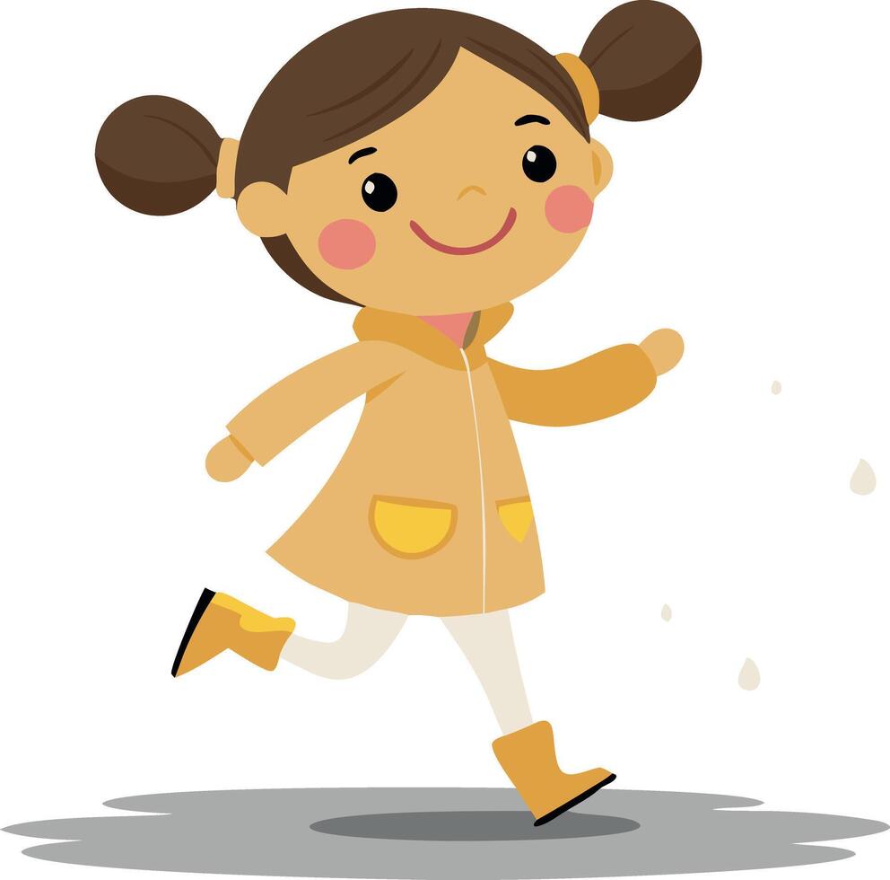 Cute cartoon illustration of a happy girl in a yellow raincoat running and smiling vector