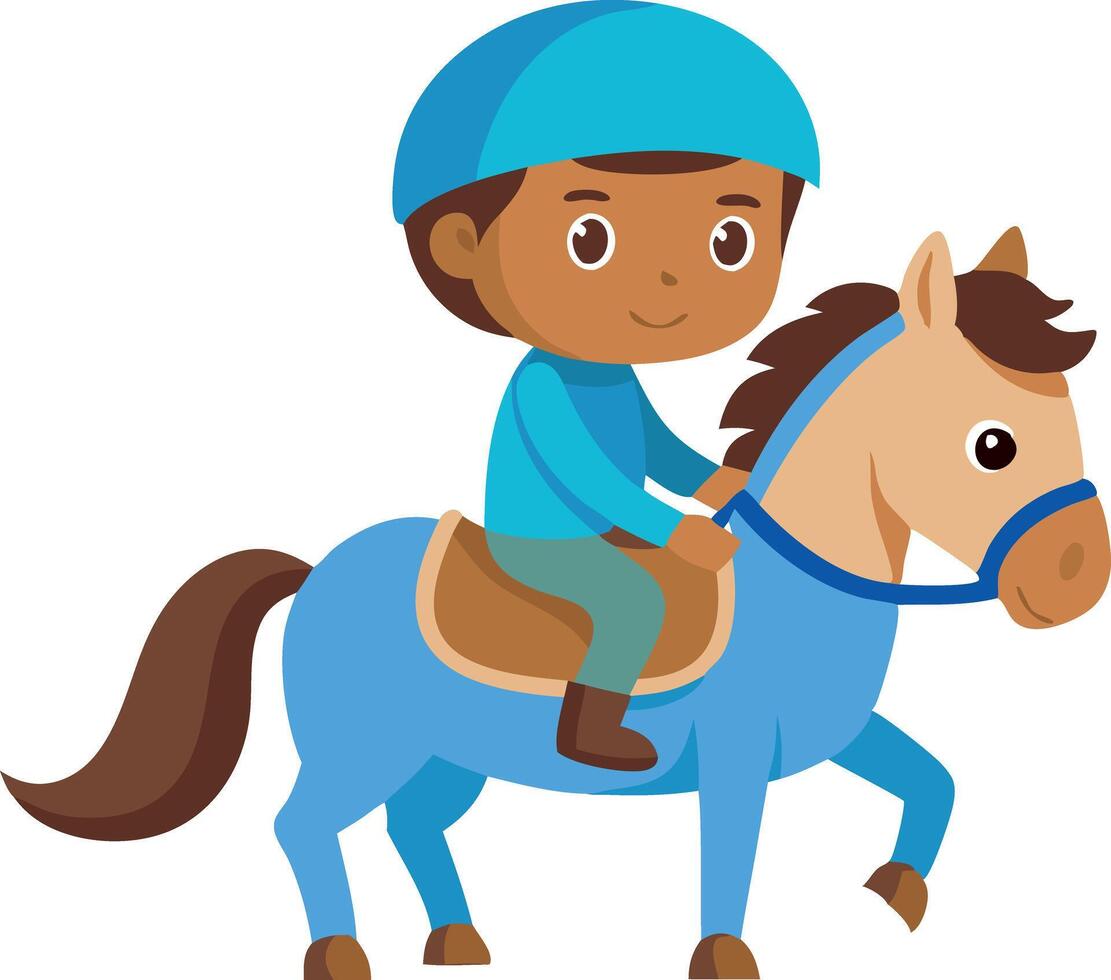 Child riding a blue pony wearing a blue helmet and outfit vector