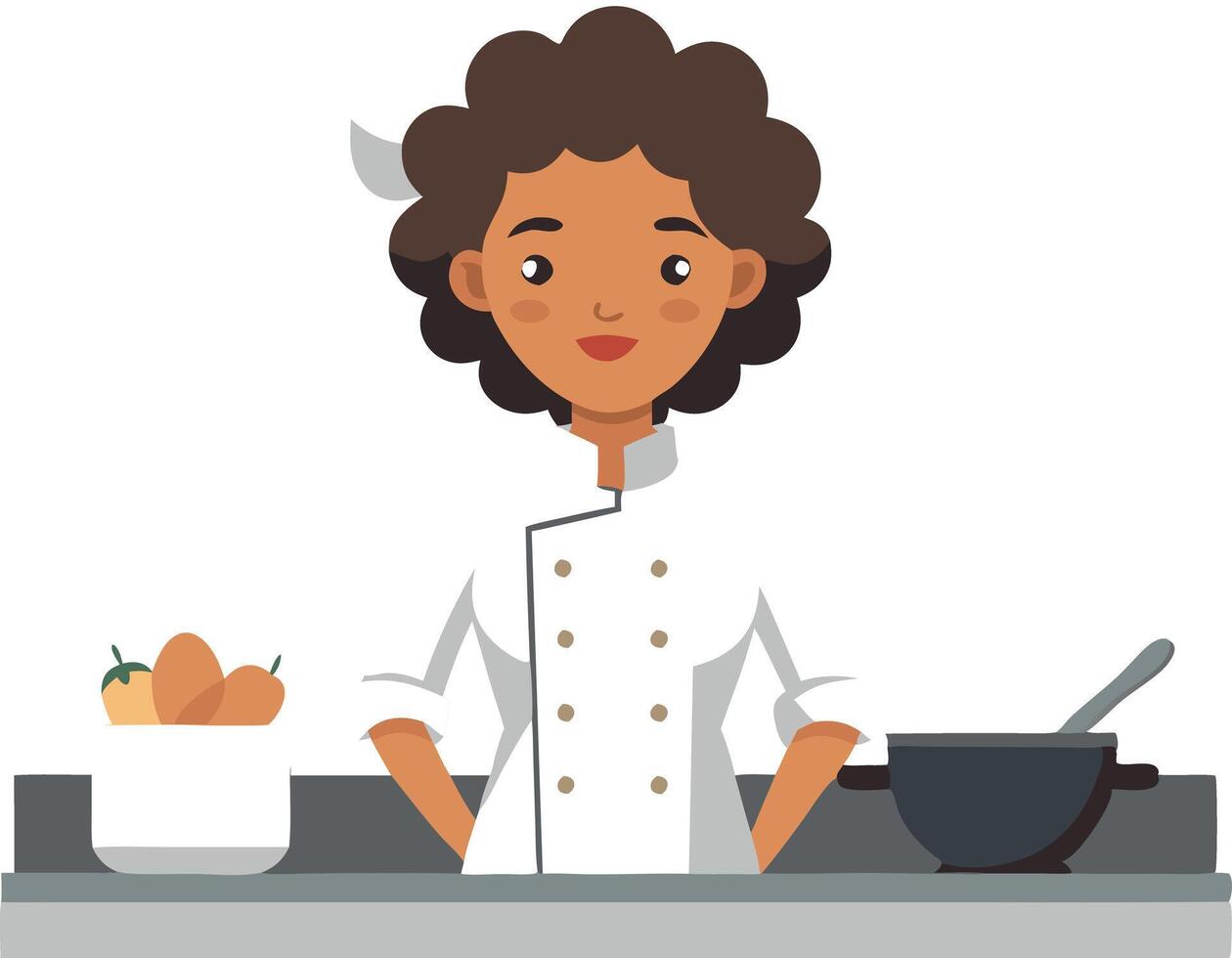 Smiling chef in professional kitchen with fresh ingredients and cooking pot vector