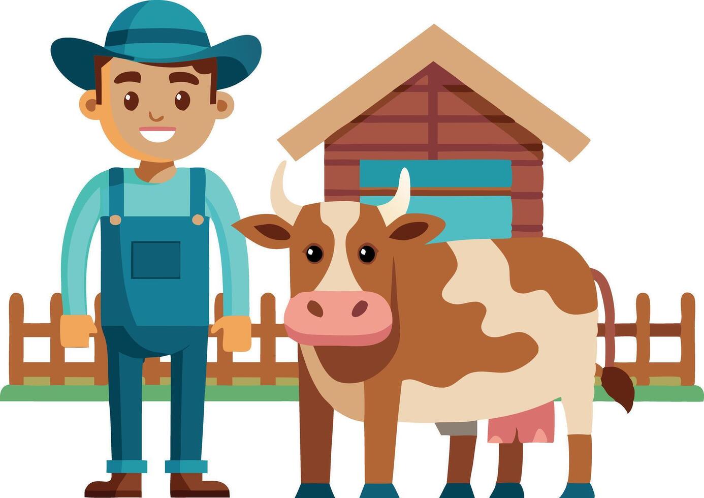 Smiling farmer with cow on a farm, standing in front of a barn vector