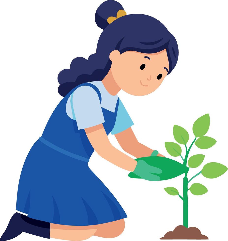 A girl is planting a tree vector