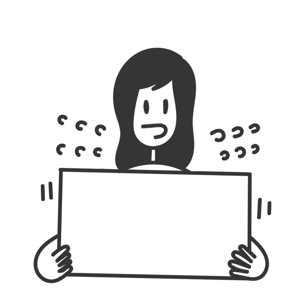 hand drawn doodle person holding blank mock up banner frame vector