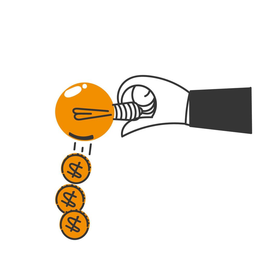 hand drawn doodle coins coming out of the light bulb vector