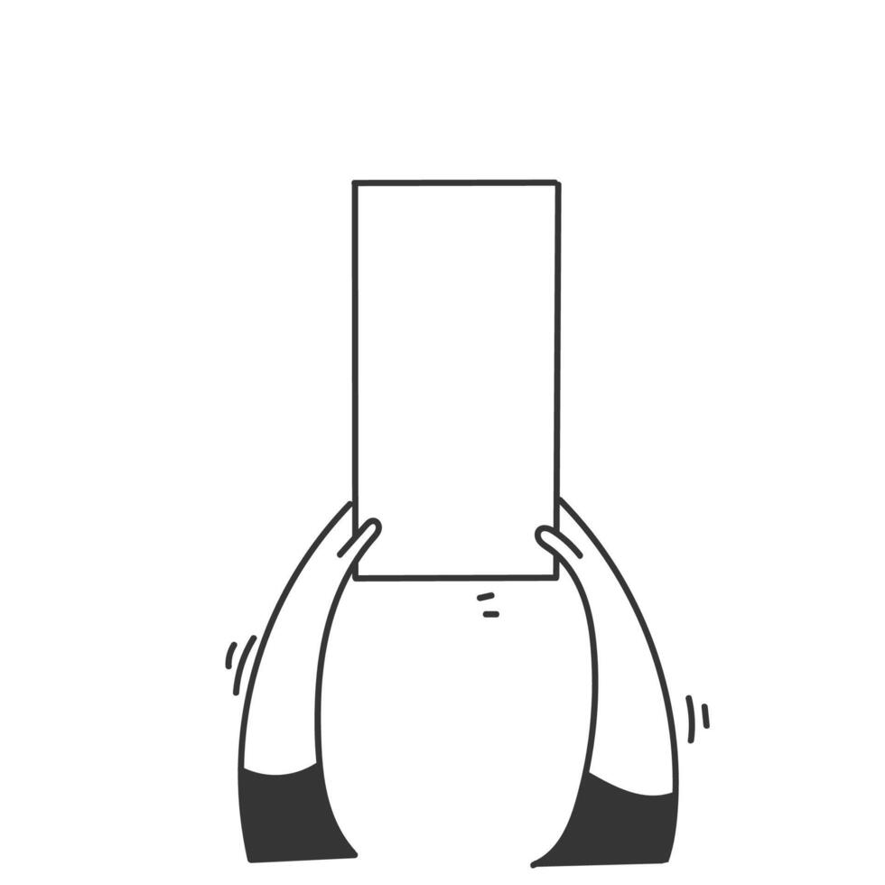 hand drawn doodle person holding blank mock up banner frame vector