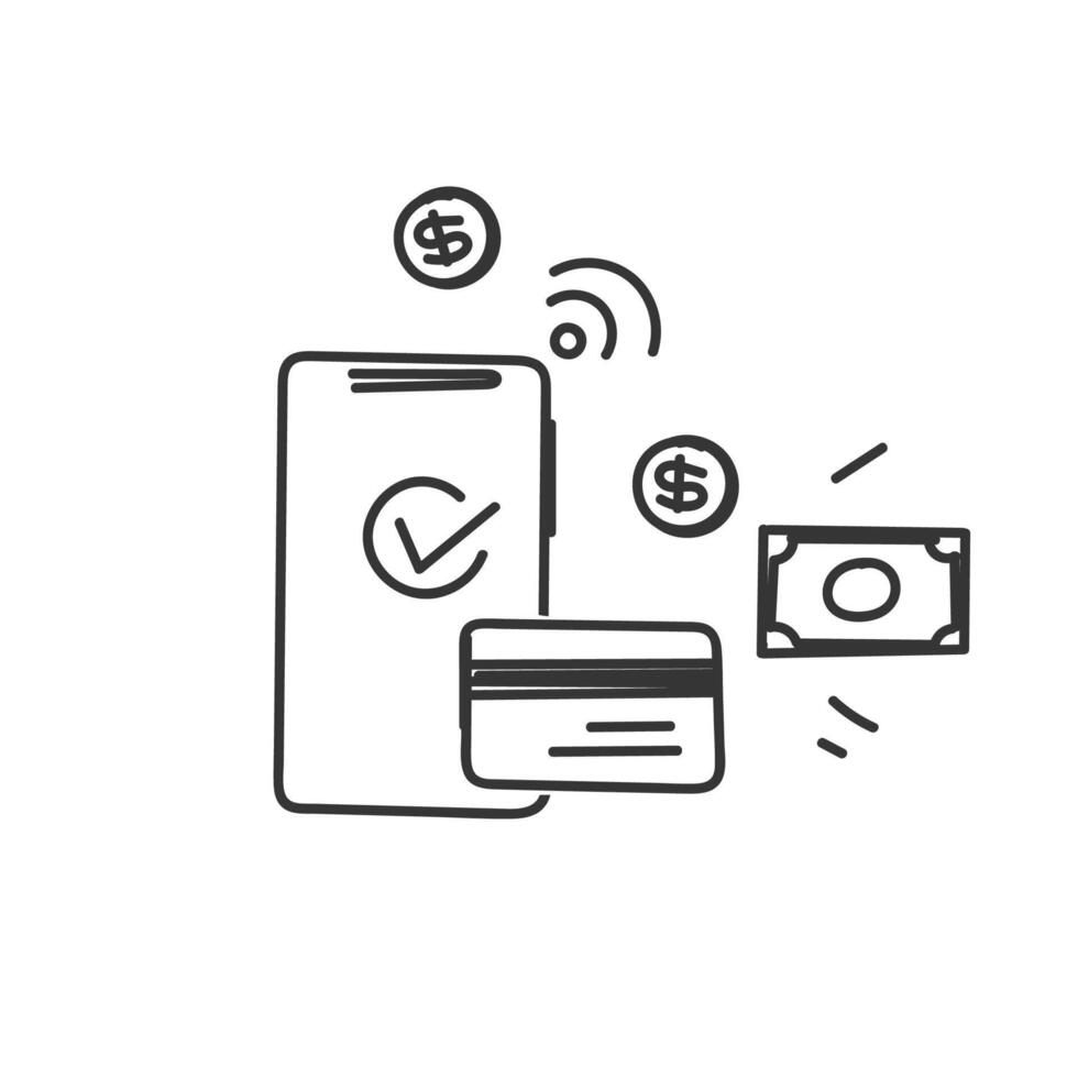 hand drawn doodle mobile phone and credit card with money access symbol vector