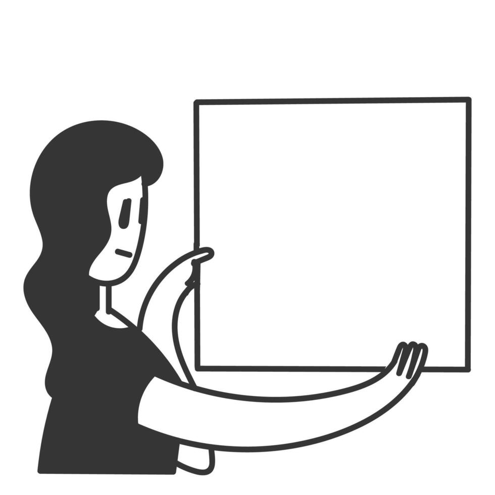 hand drawn doodle person holding blank mock up banner frame vector