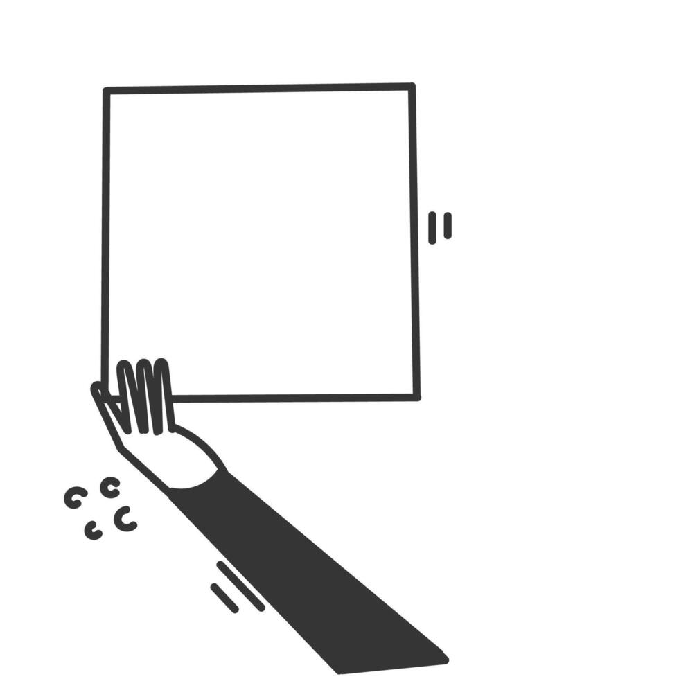 hand drawn doodle person holding blank mock up banner frame vector