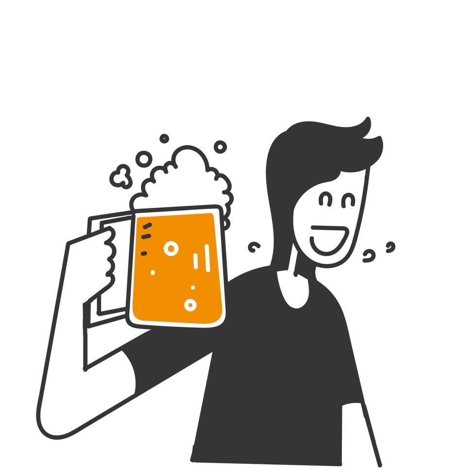 hand drawn doodle person holding glass beer vector