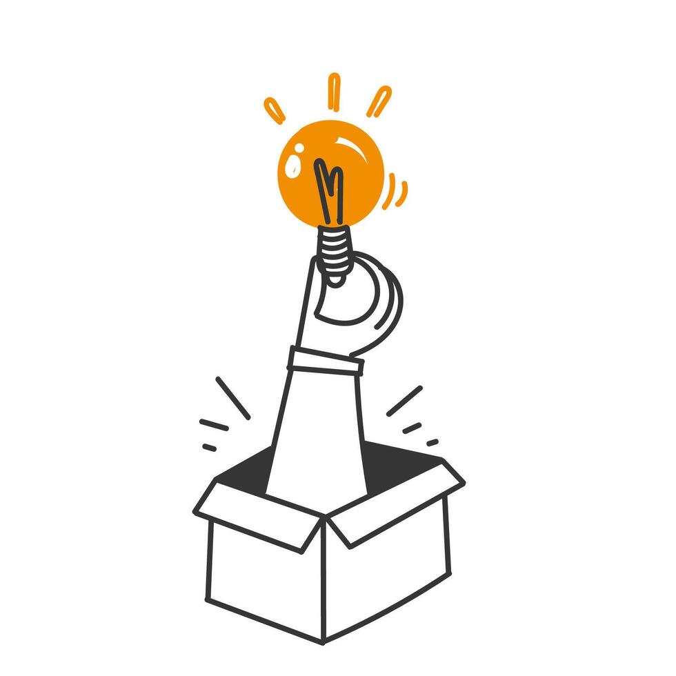 hand drawn doodle lightbulb out of the box vector
